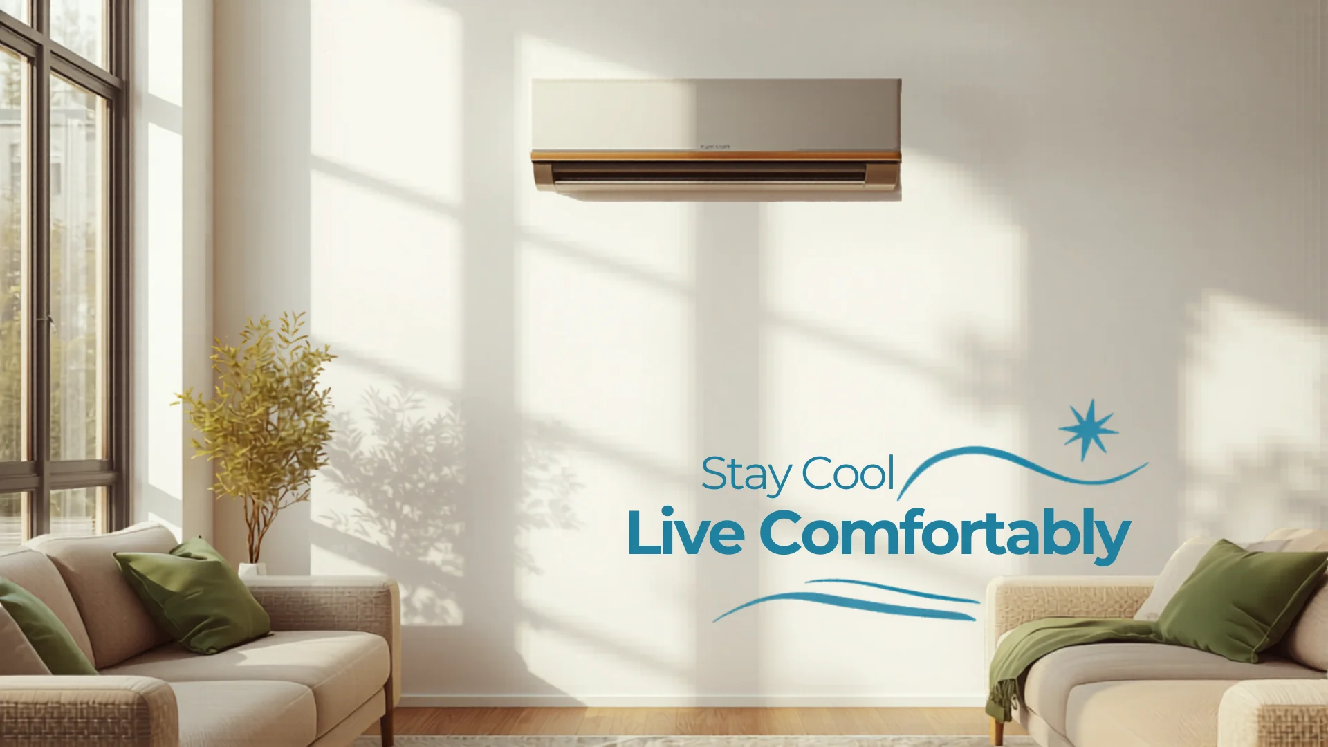 Modern split system air conditioner on white wall in bright Australian living room