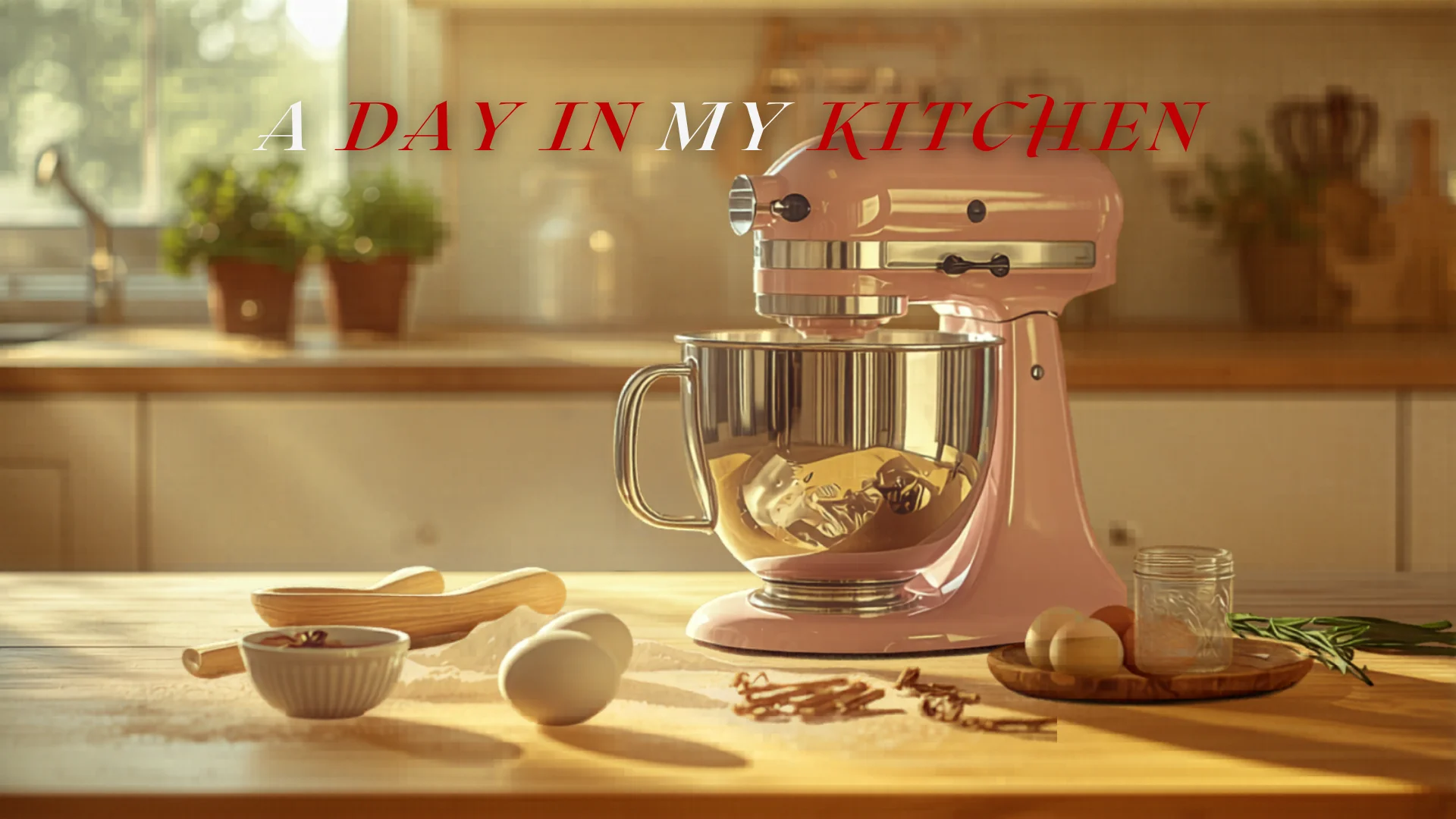 Stand mixer on timber benchtop in modern Australian kitchen with baking ingredients