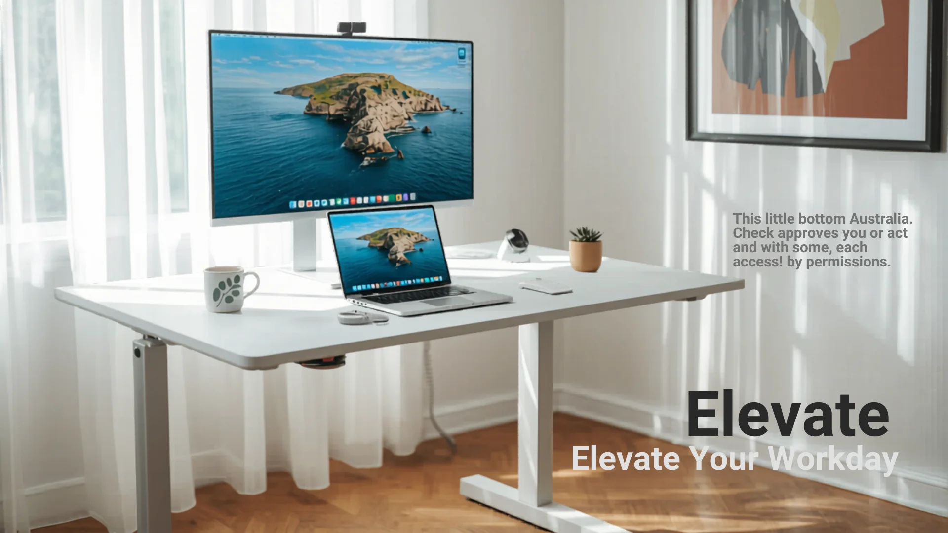 Modern sit-stand desk in raised position with dual monitors