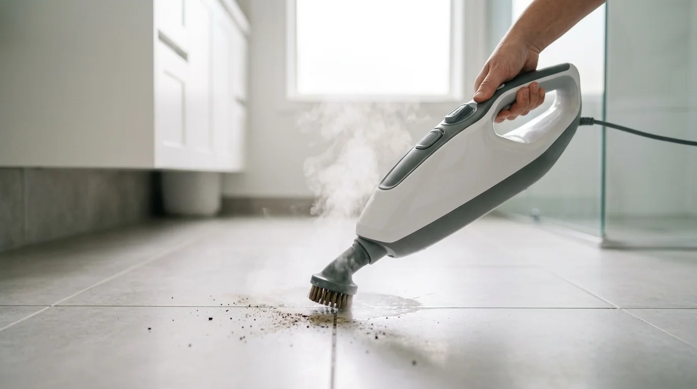 Handheld steam cleaner attachment steaming bathroom grout and tiles
