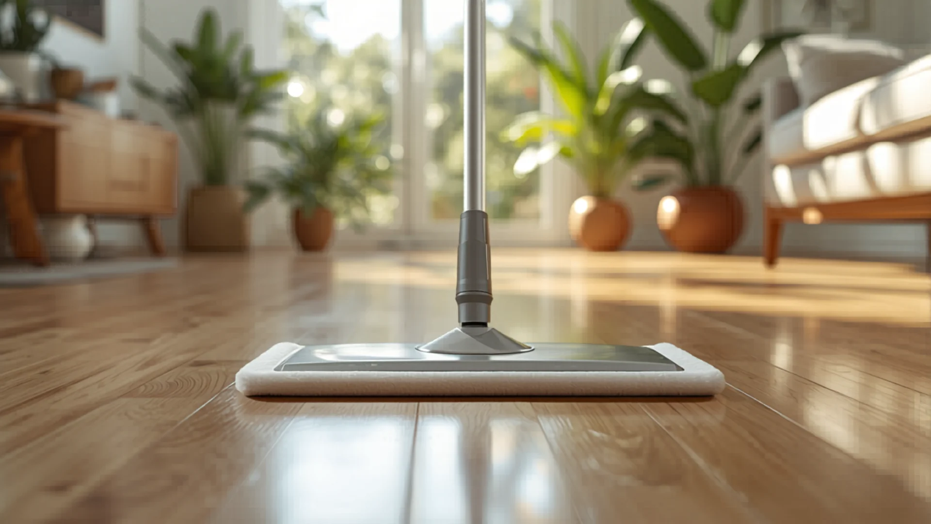 Modern steam mop cleaning hardwood floor in bright Australian living room