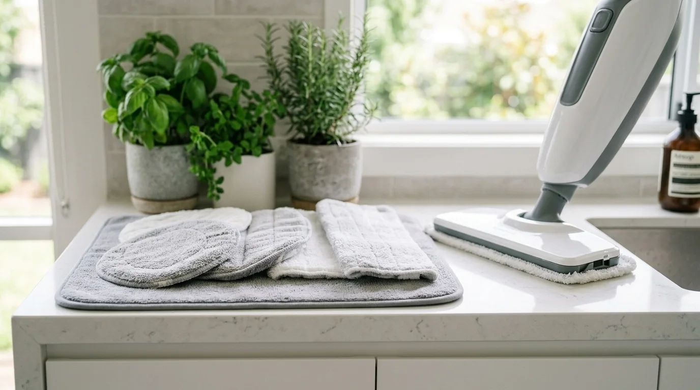 Washable reusable microfibre steam mop pads drying after a machine wash