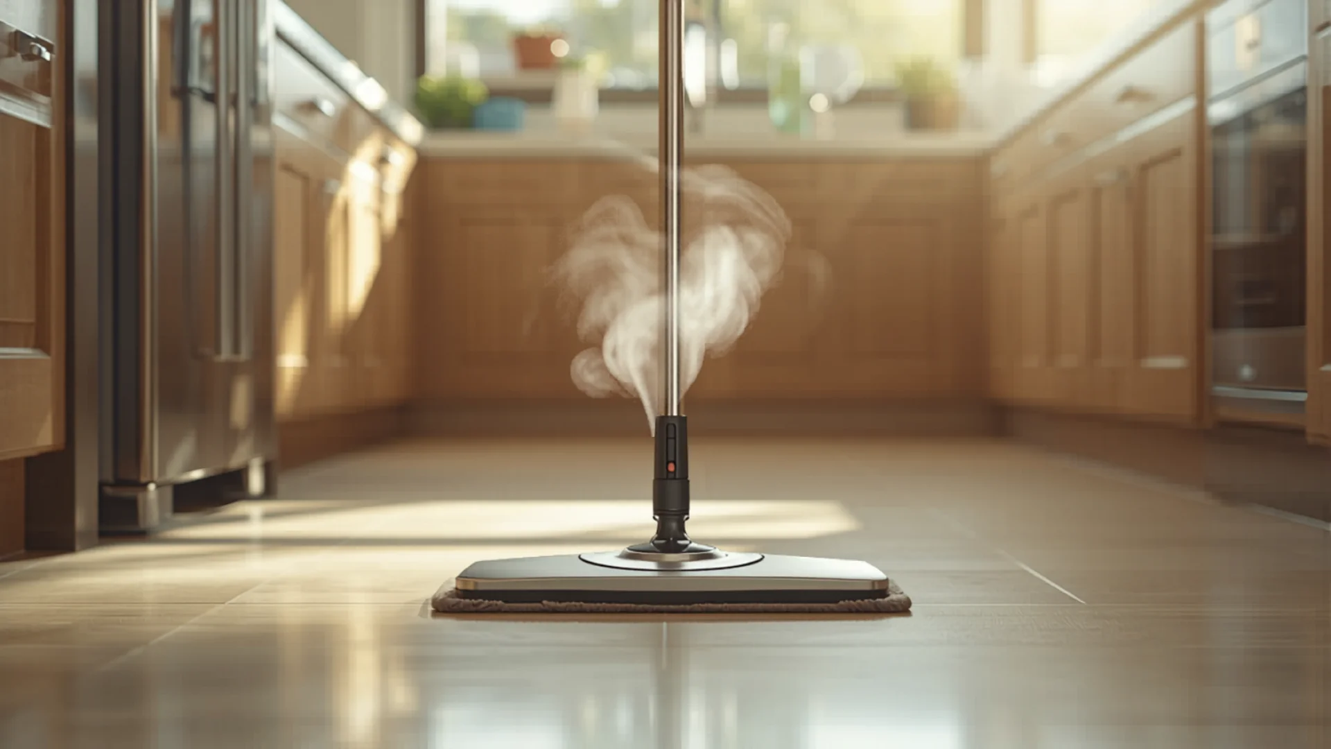 Steam rising from steam mop cleaning tile kitchen floor