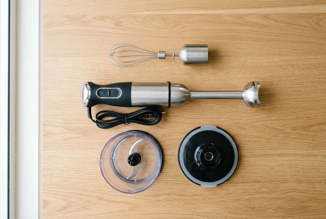 Stick blender with whisk and chopper attachments laid out on a kitchen benchtop