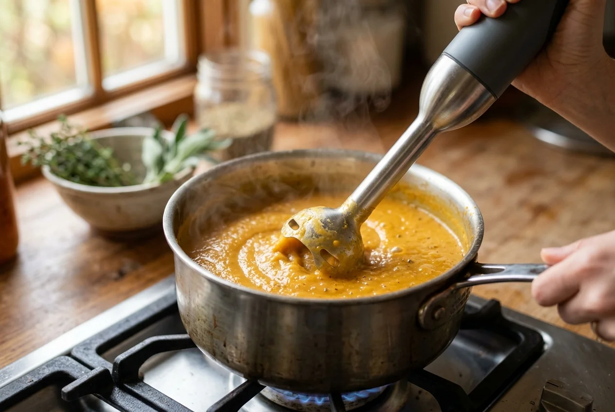 Stick blender pureeing vegetable soup directly in a pot on the stovetop