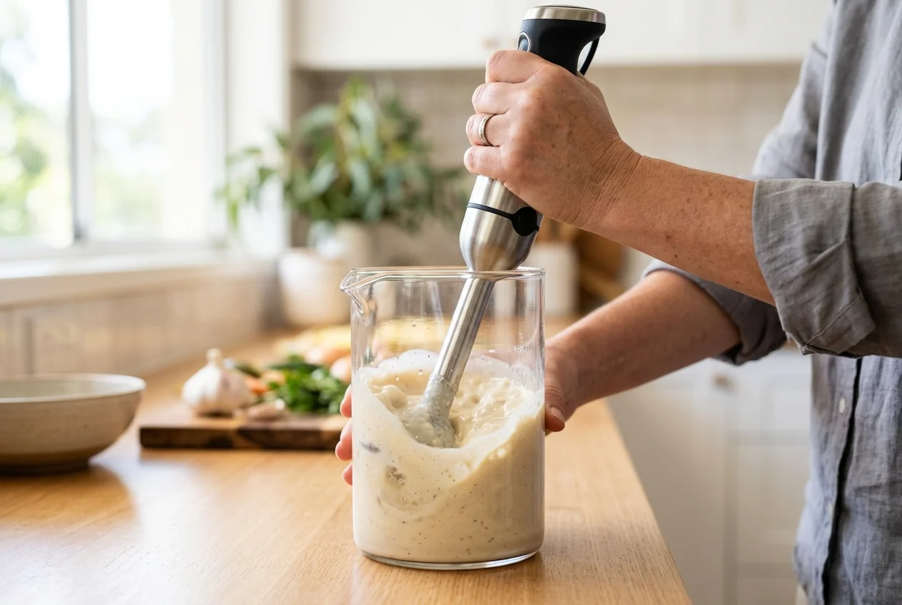 Hand holding a stick blender submerged in a tall jug, blending at an angle