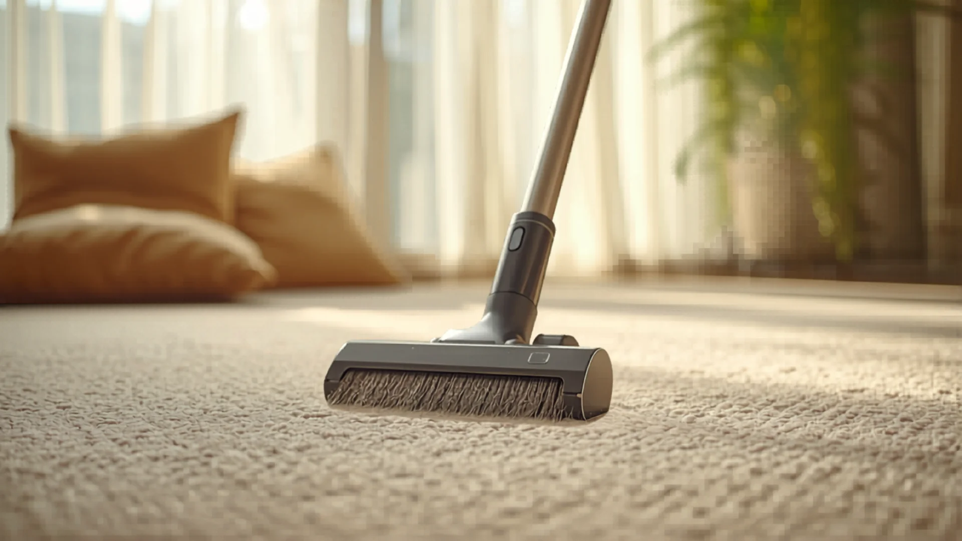 Stick vacuum cleaning carpet in sunlit Australian living room