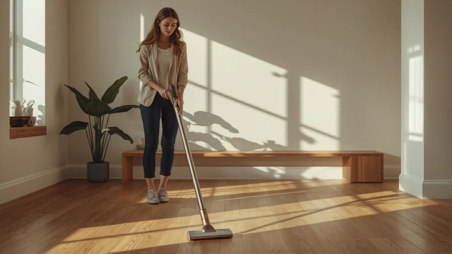 Person using cordless stick vacuum on timber floor in Australian living room