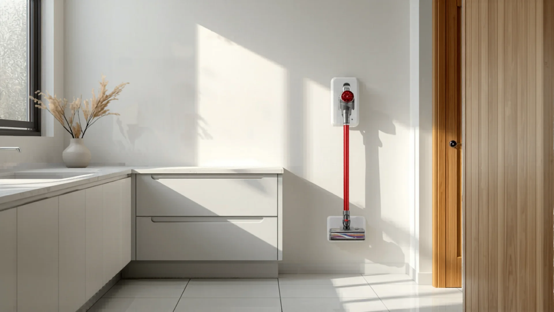 Stick vacuum mounted on wall charging dock in modern Australian laundry room