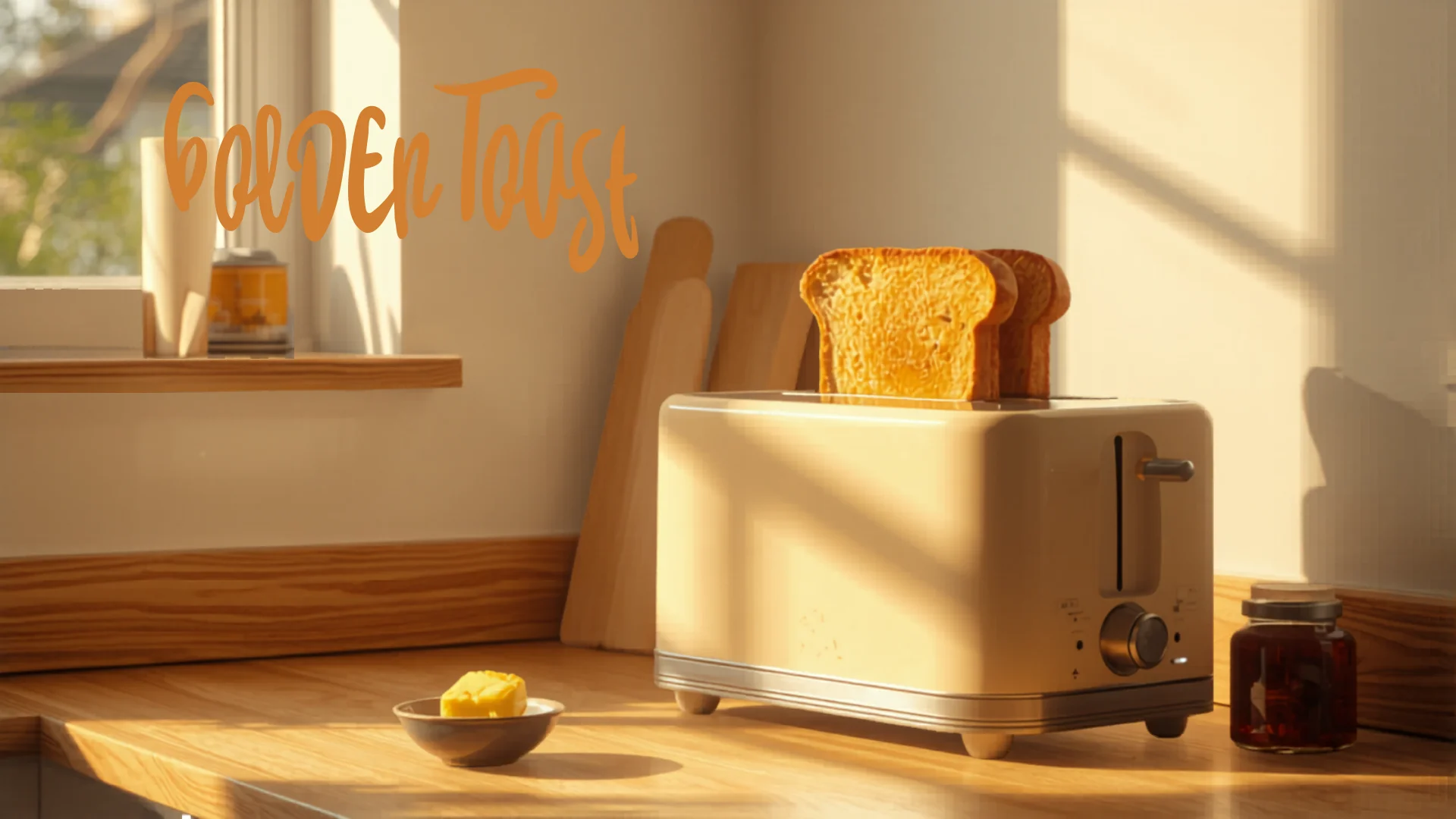 Cozy breakfast scene with toaster and golden toast on kitchen bench