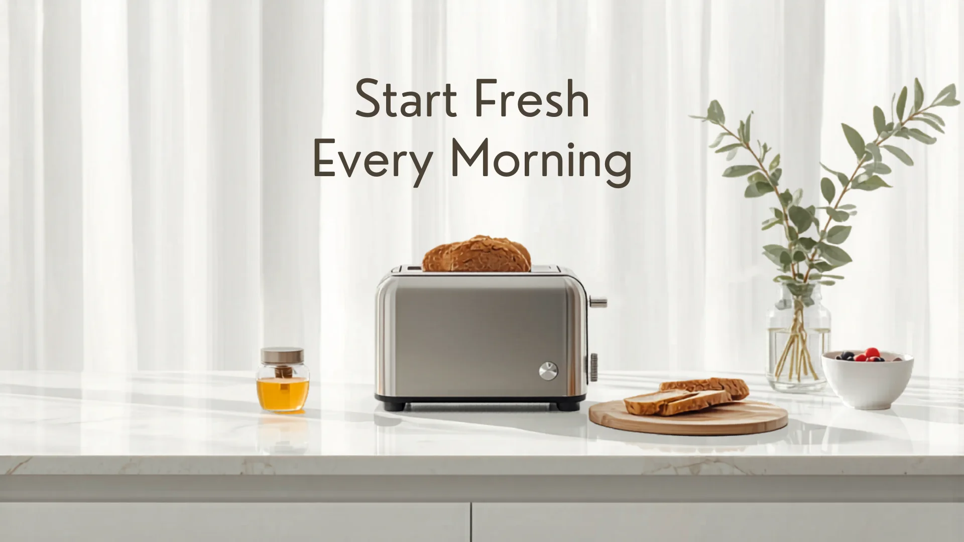 Modern kitchen counter with toaster and fresh artisan bread