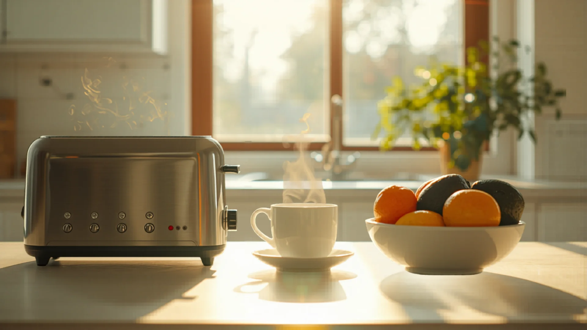 Bright Australian kitchen in morning light with stainless steel toaster and citrus