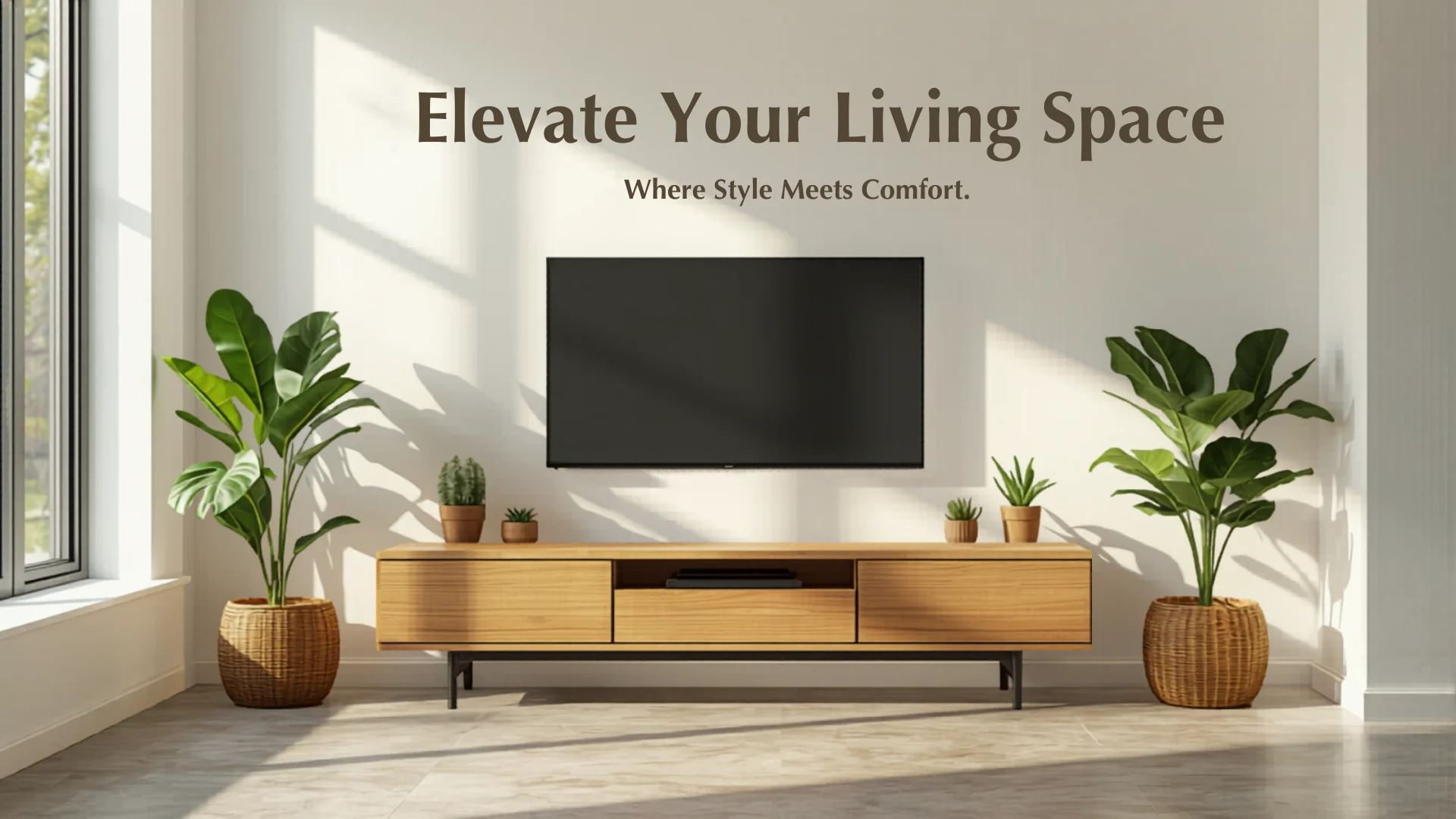 Modern home entertainment area with wall-mounted television and timber TV unit