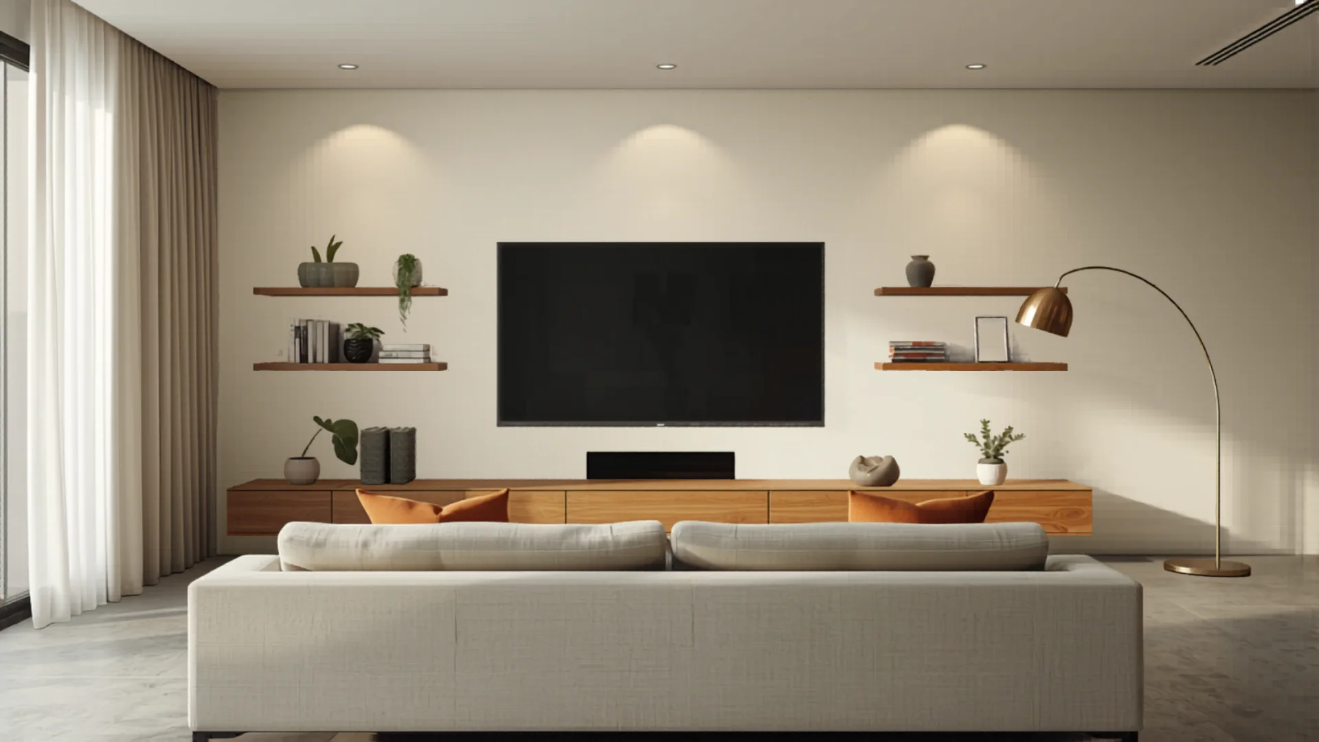 Modern Australian living room with large flat screen TV on wall