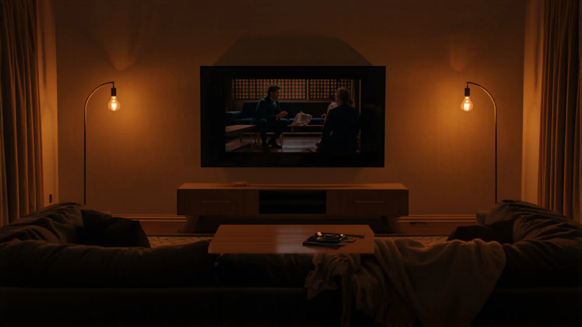 Cozy living room setup for movie night with large TV screen