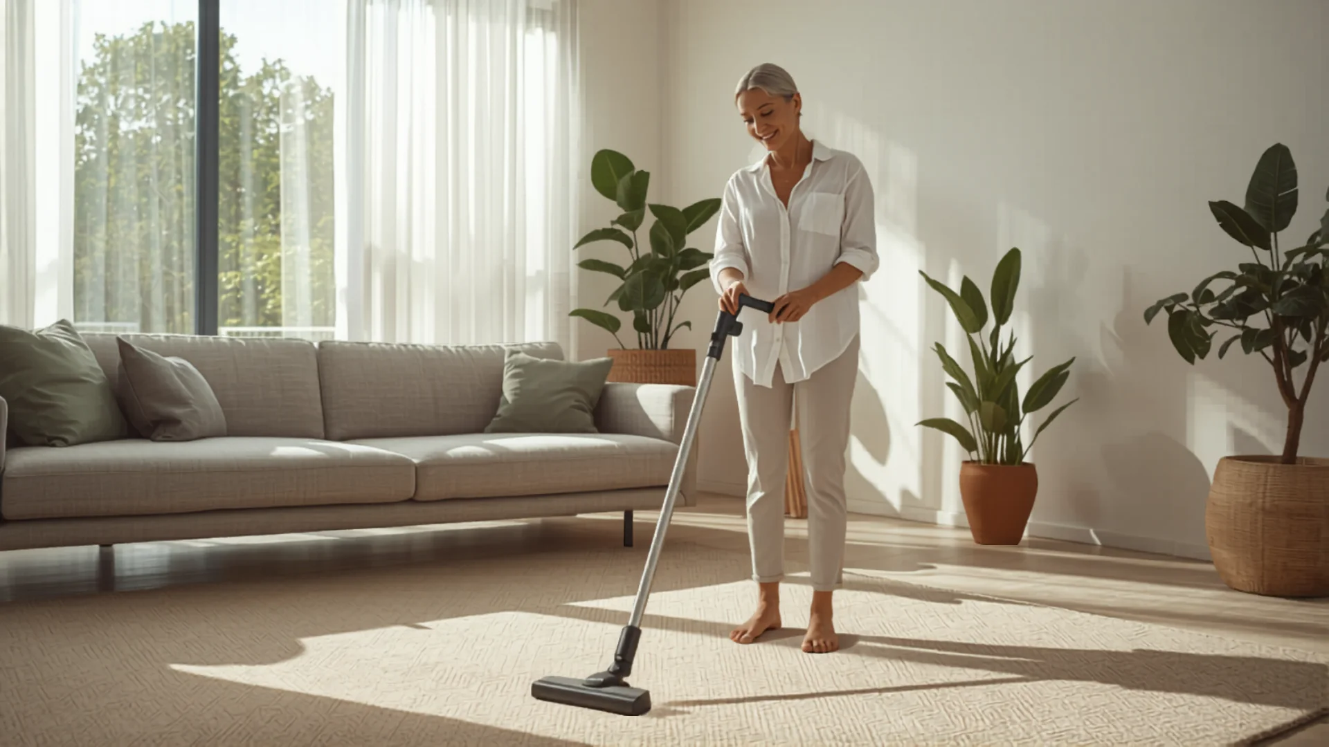 Person vacuuming modern living room carpet with cordless stick vacuum