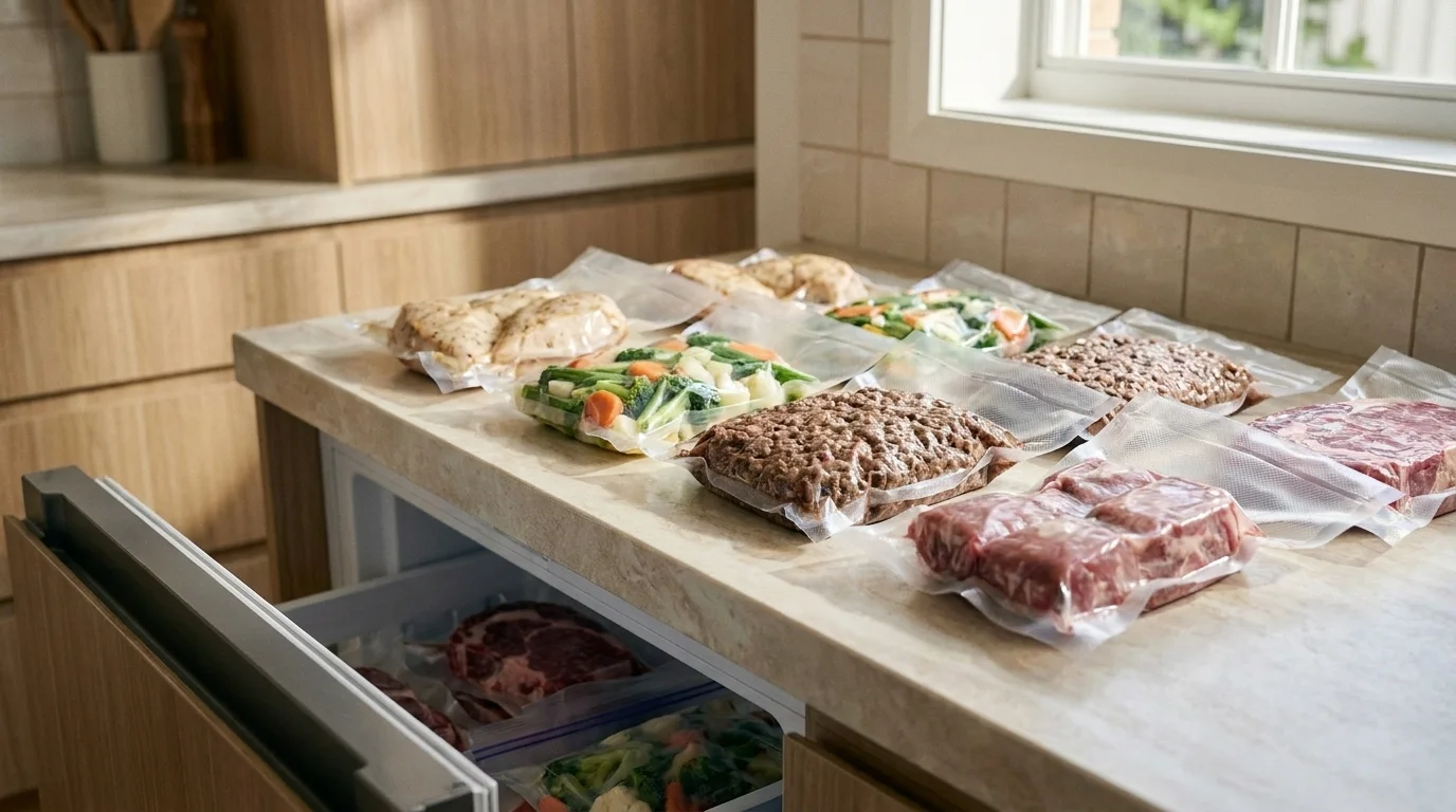 Portioned meal-prep meals vacuum sealed in labelled bags ready for the freezer
