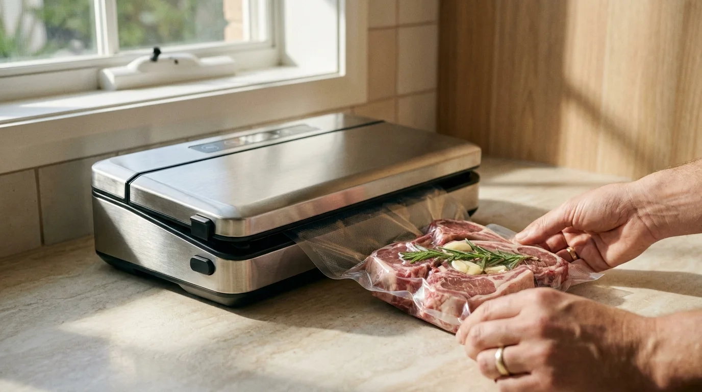 External clamp vacuum sealer drawing air out of a bag of fresh meat on an Australian kitchen bench