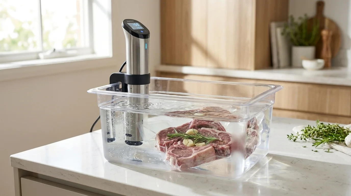 Vacuum-sealed steak in a sous-vide water bath, showing how vacuum sealing prepares food for sous vide