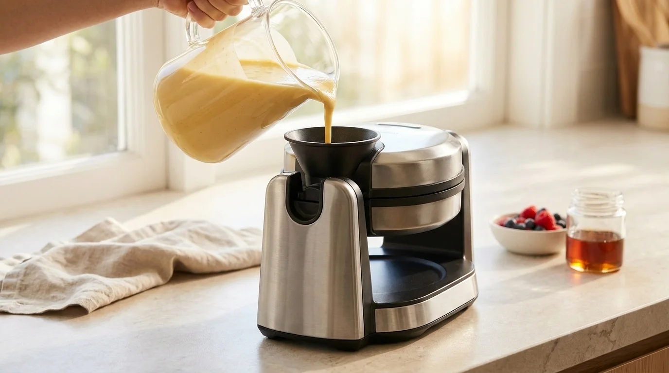 Batter being poured into the top funnel of a vertical waffle maker with no overflow