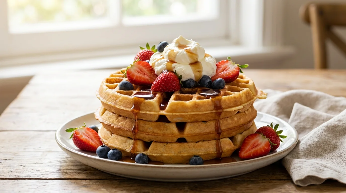 Golden Belgian waffles with deep pockets holding berries and syrup on a plate