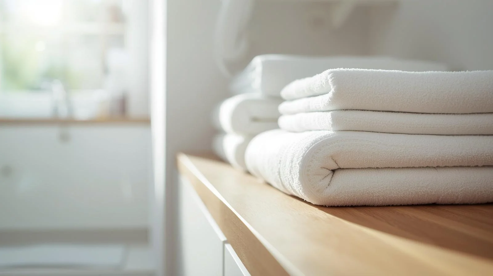 Neatly stacked fresh white towels on wooden laundry counter