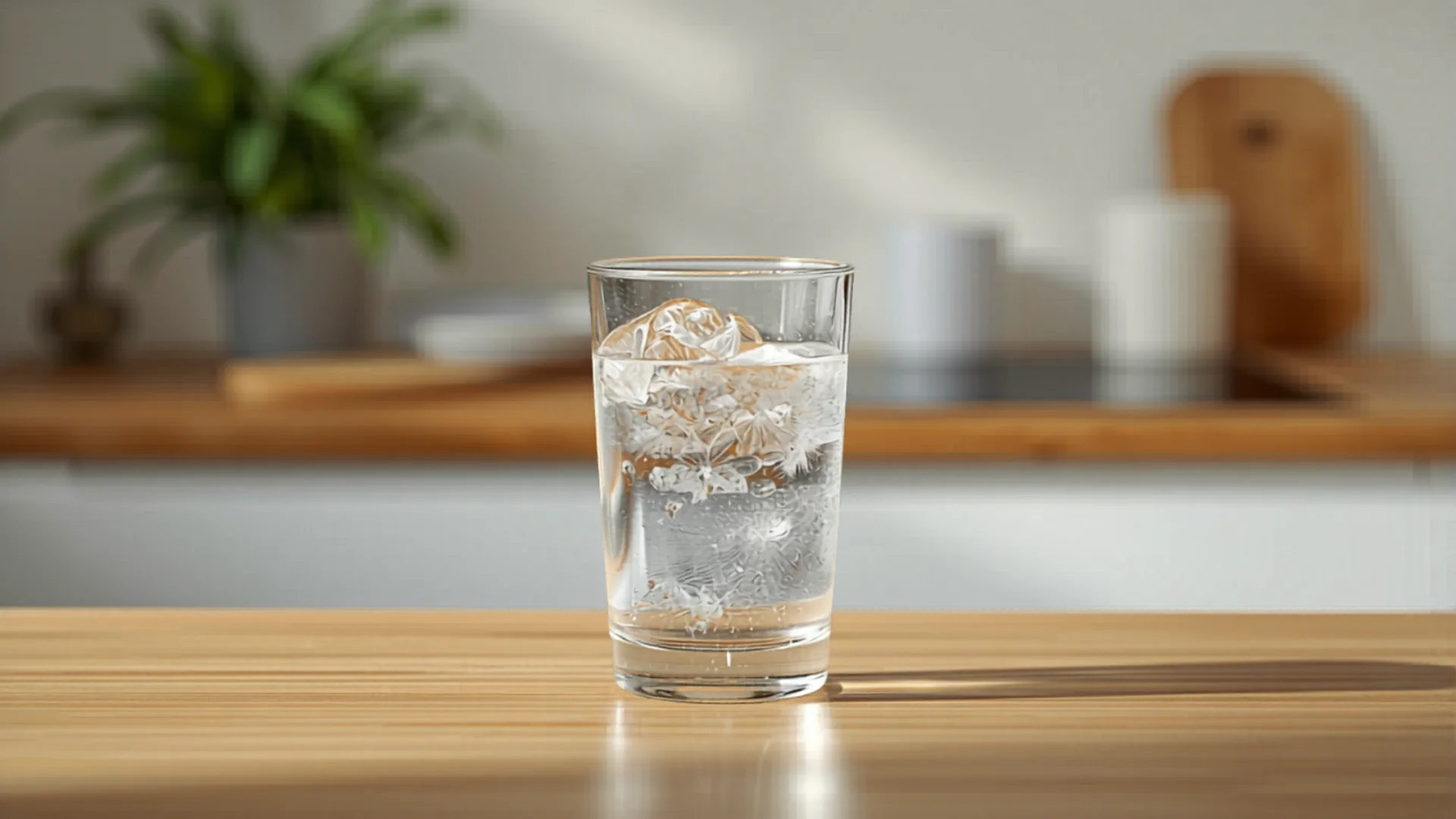 Clean glass of filtered water on timber kitchen counter next to water filter