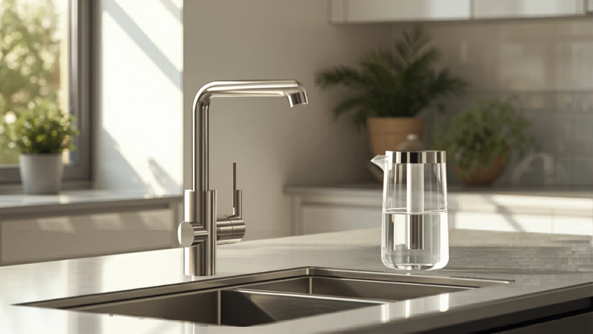 Modern kitchen sink with stainless steel tap and water filter jug