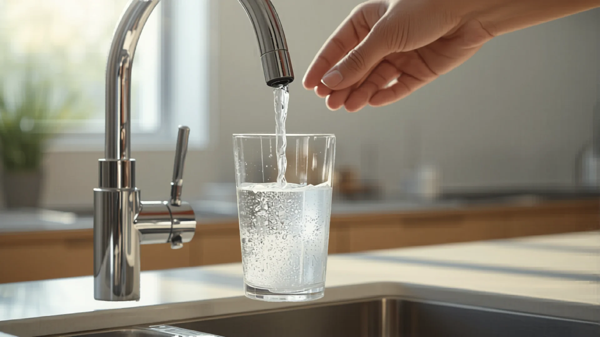 Person pouring fresh filtered water from tap in modern Australian kitchen