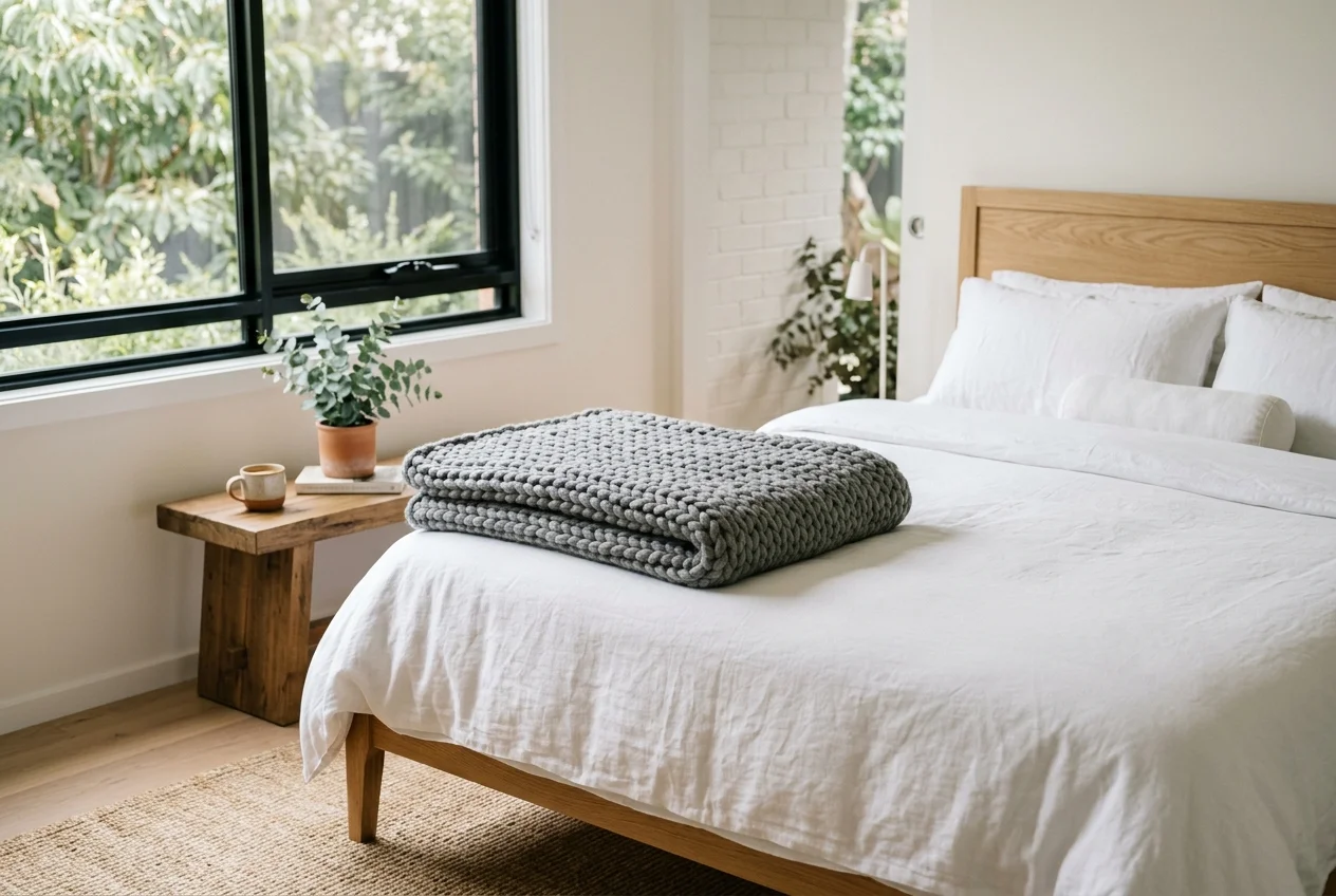 Folded weighted blanket draped over a bed in a calm modern Australian bedroom