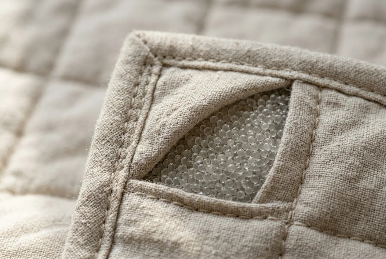 Close-up of cotton weighted blanket fabric and glass-bead quilted channels