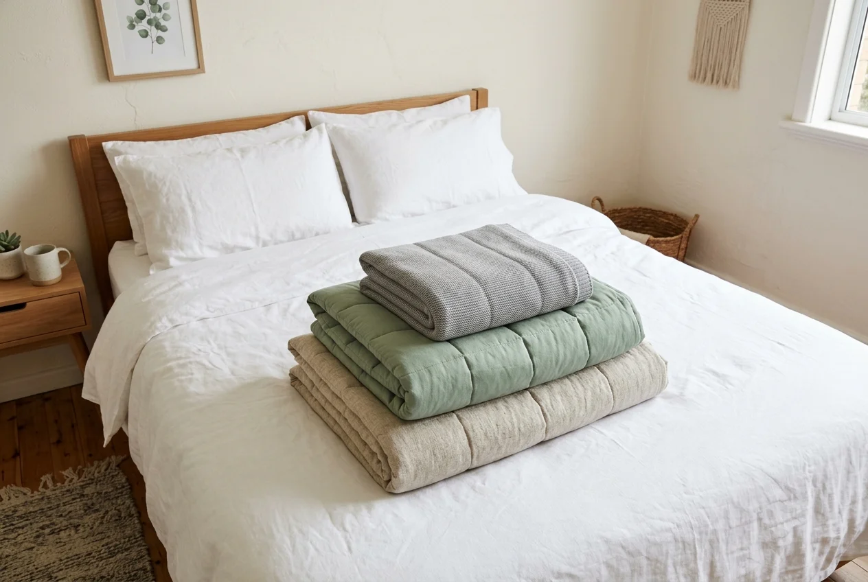 A stack of folded weighted blankets in different weights on a neatly made bed