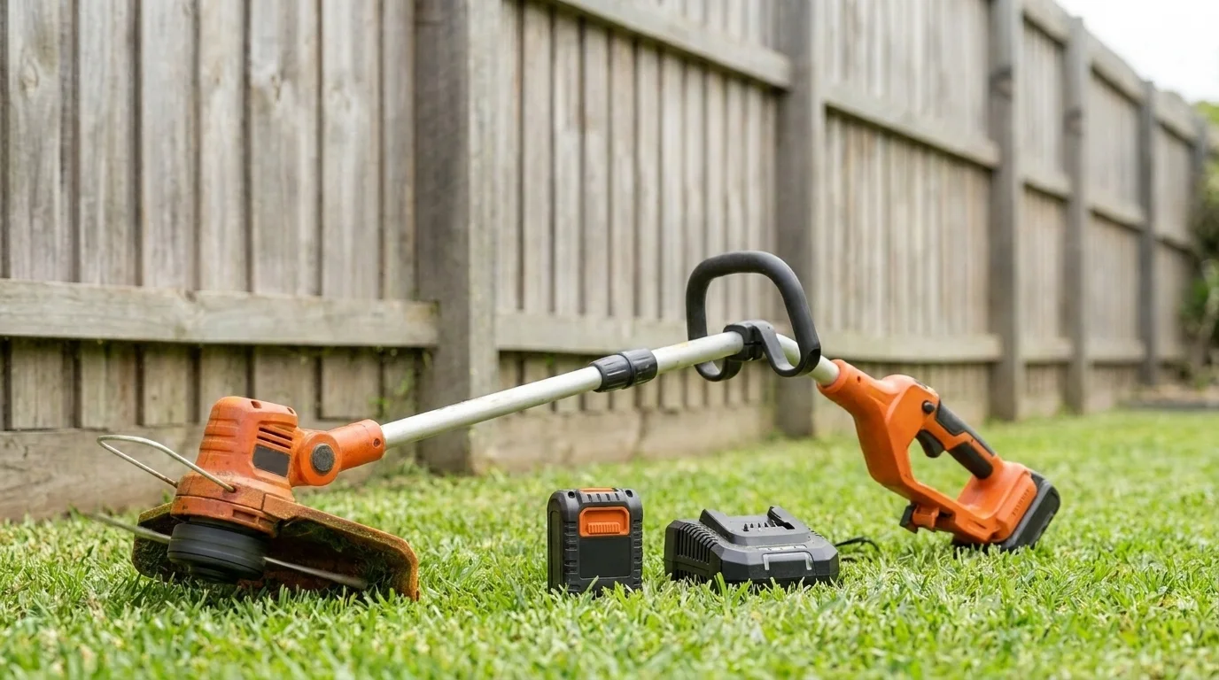 Cordless battery whipper snipper kit with battery and charger trimming grass in an Australian backyard