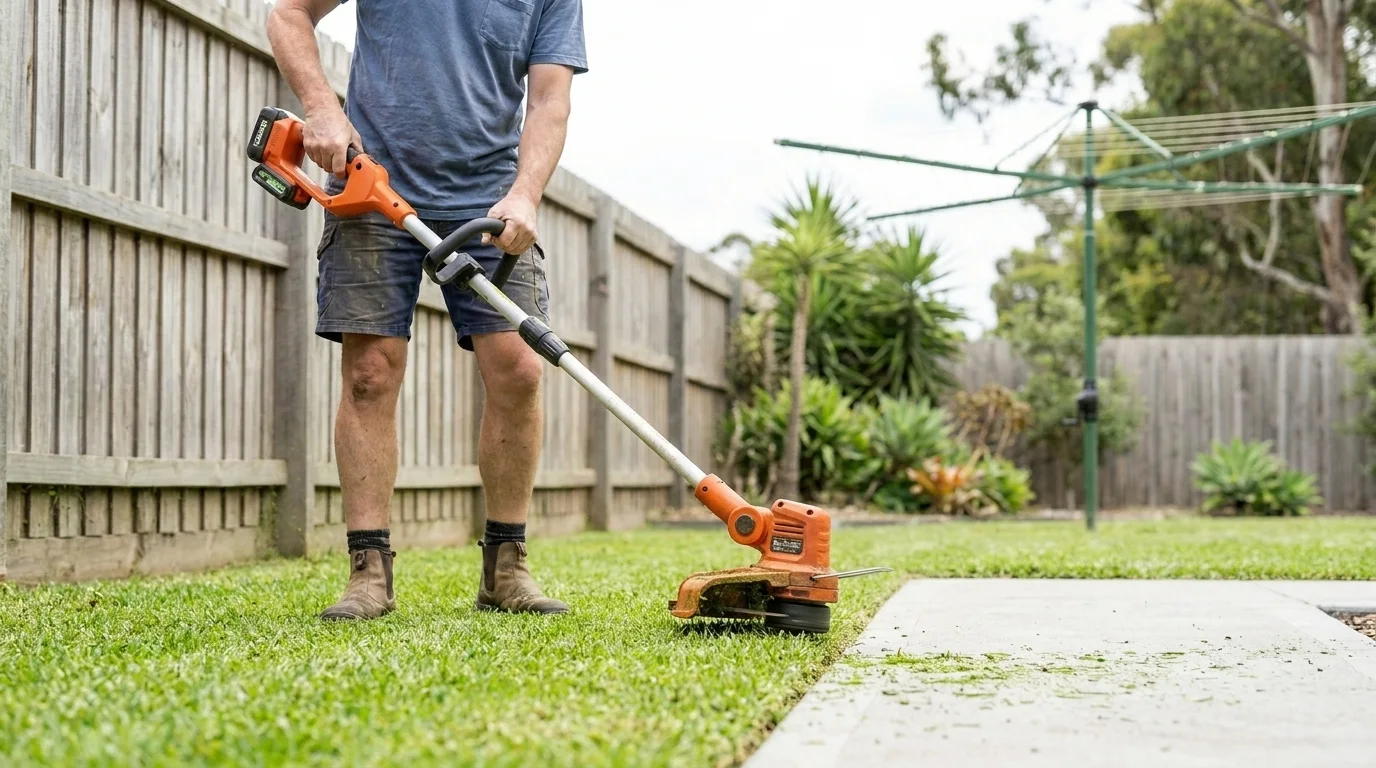 Cordless line trimmer turned vertical to edge a lawn along a concrete path at an Australian house