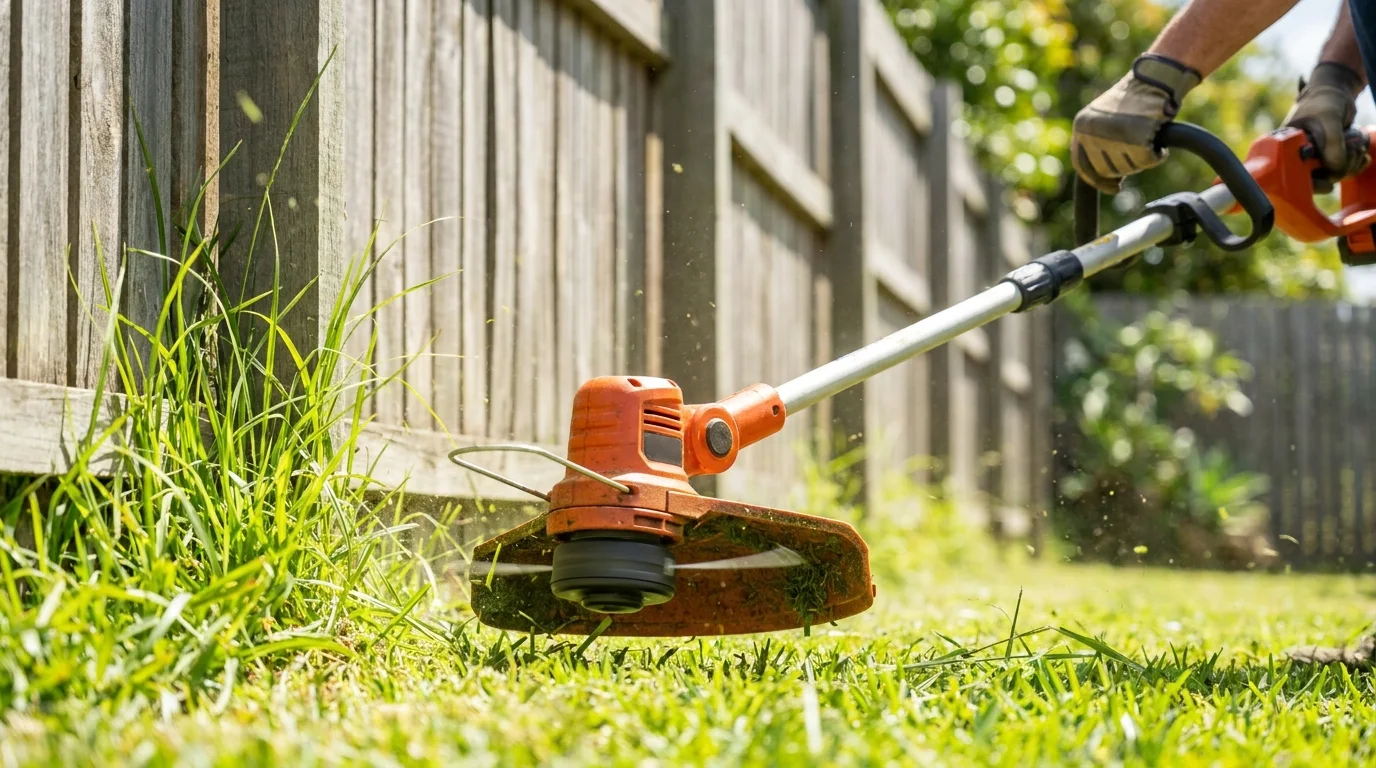 Person using a cordless whipper snipper to trim long grass along a fence at an Australian home