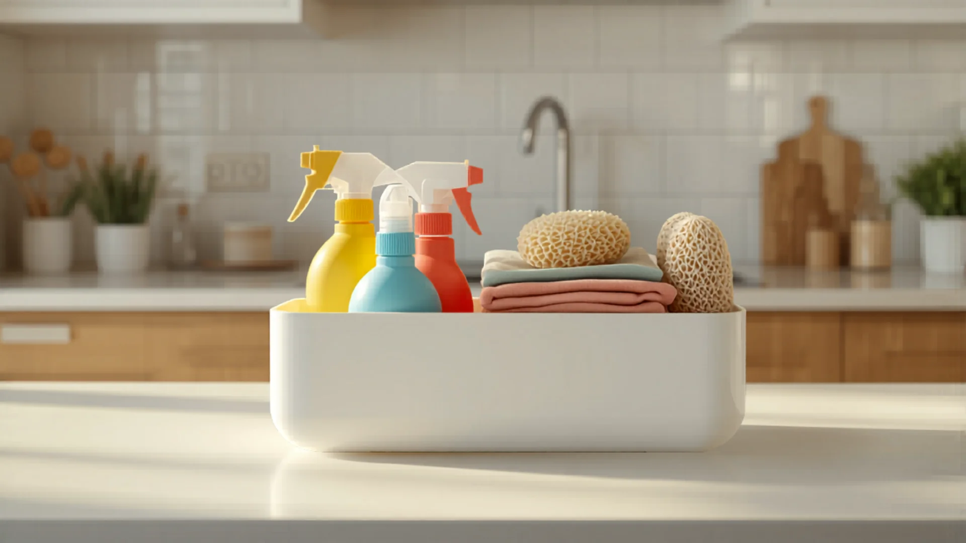 Essential cleaning products organized in bright modern Australian home