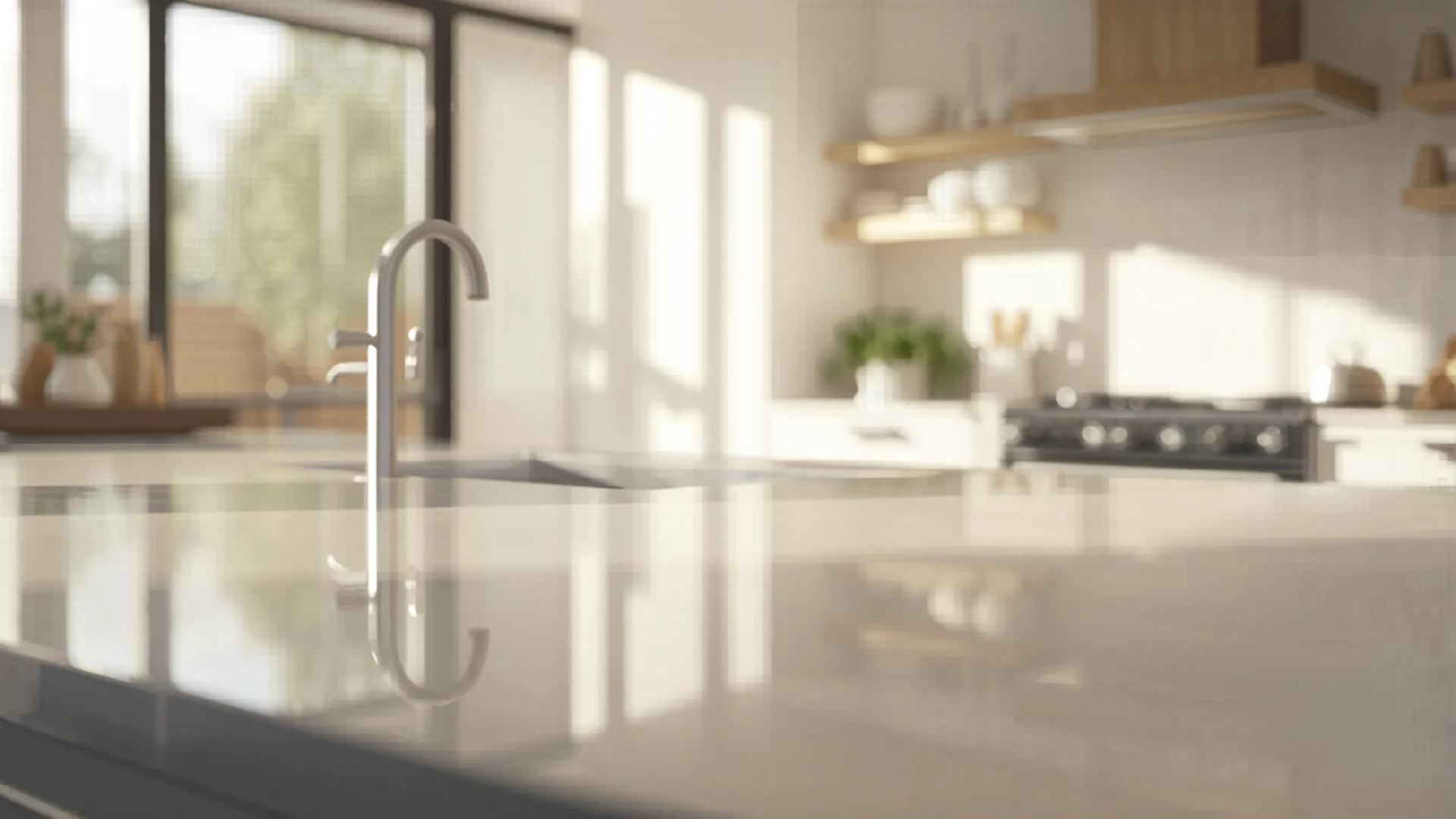 Sparkling clean Australian kitchen benchtop with cleaning supplies