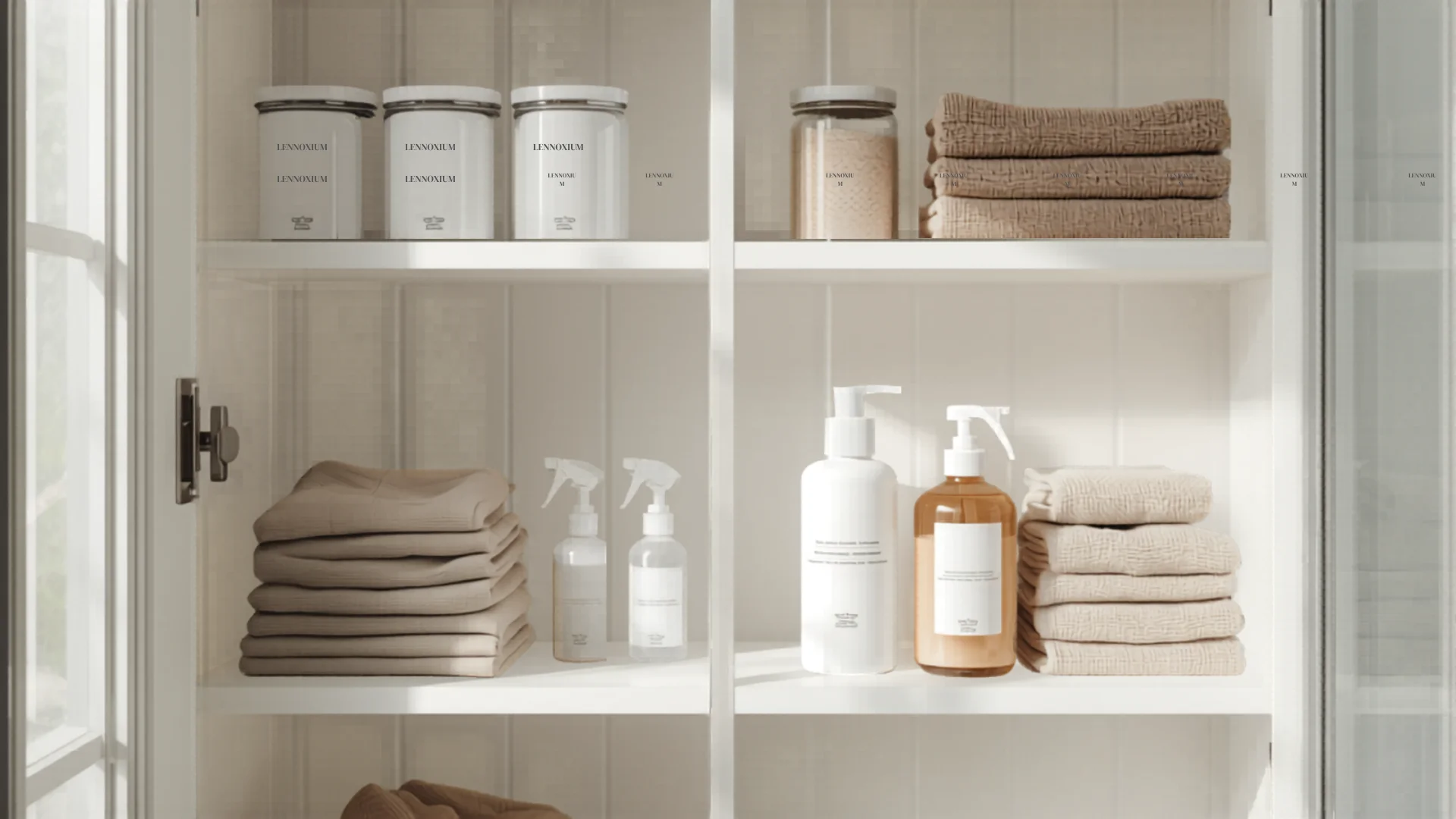 Flat lay of essential household cleaning supplies and tools