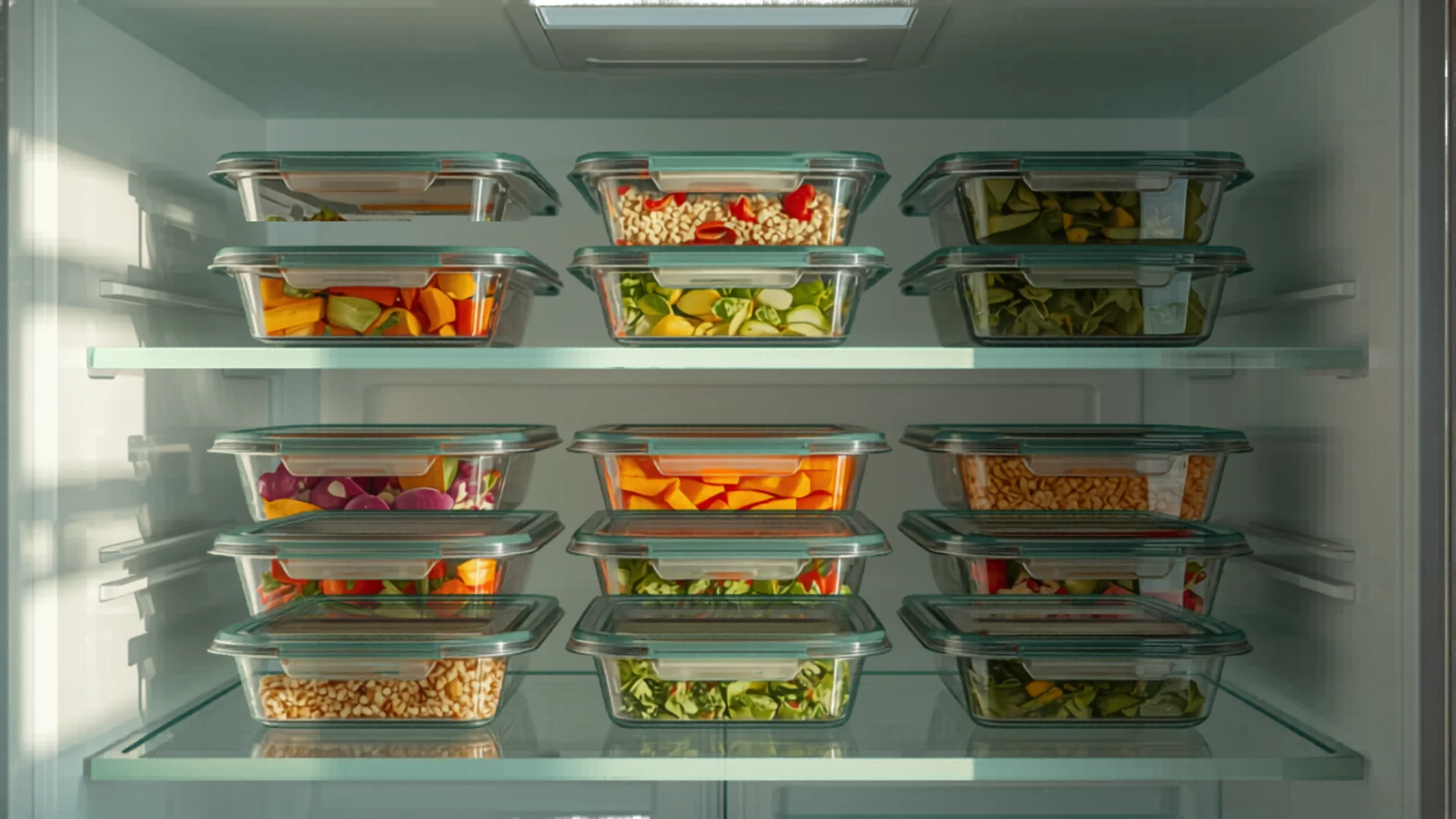 Clear storage containers with labeled contents in organized fridge