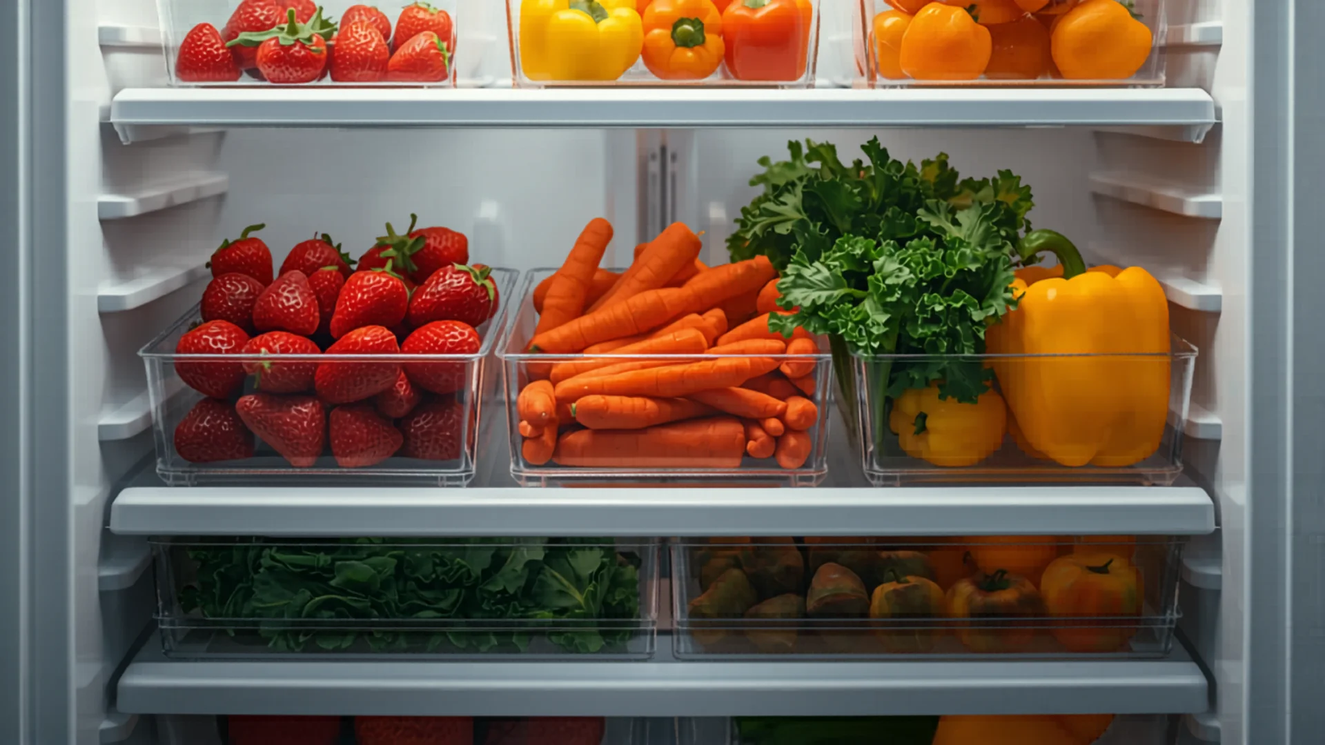 Fresh fruits and vegetables arranged in organized fridge drawer