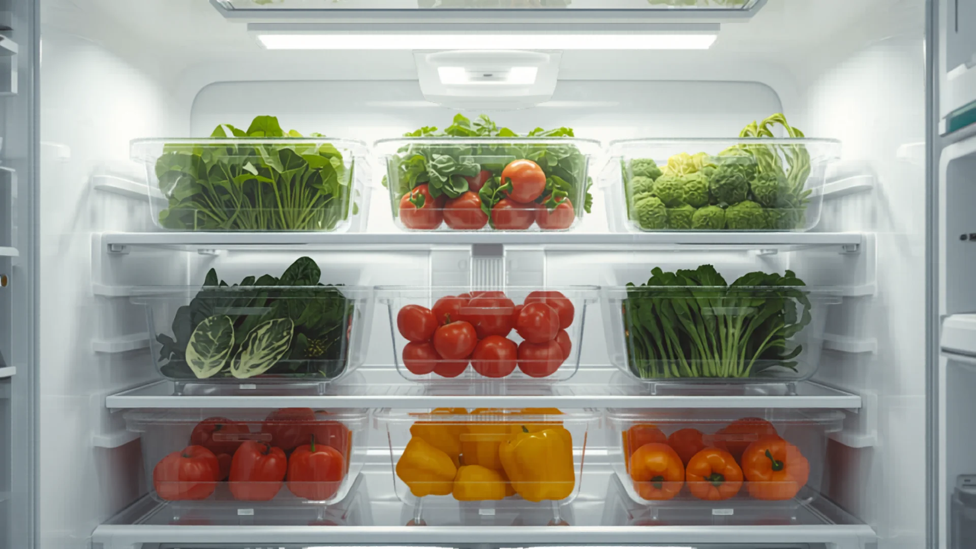 Perfectly organized modern fridge with clear containers and fresh food