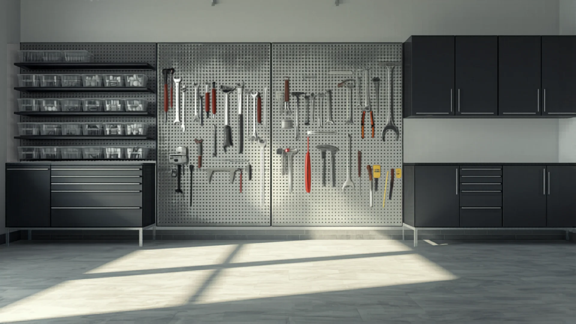 Organized modern Australian garage with wall storage and pegboard