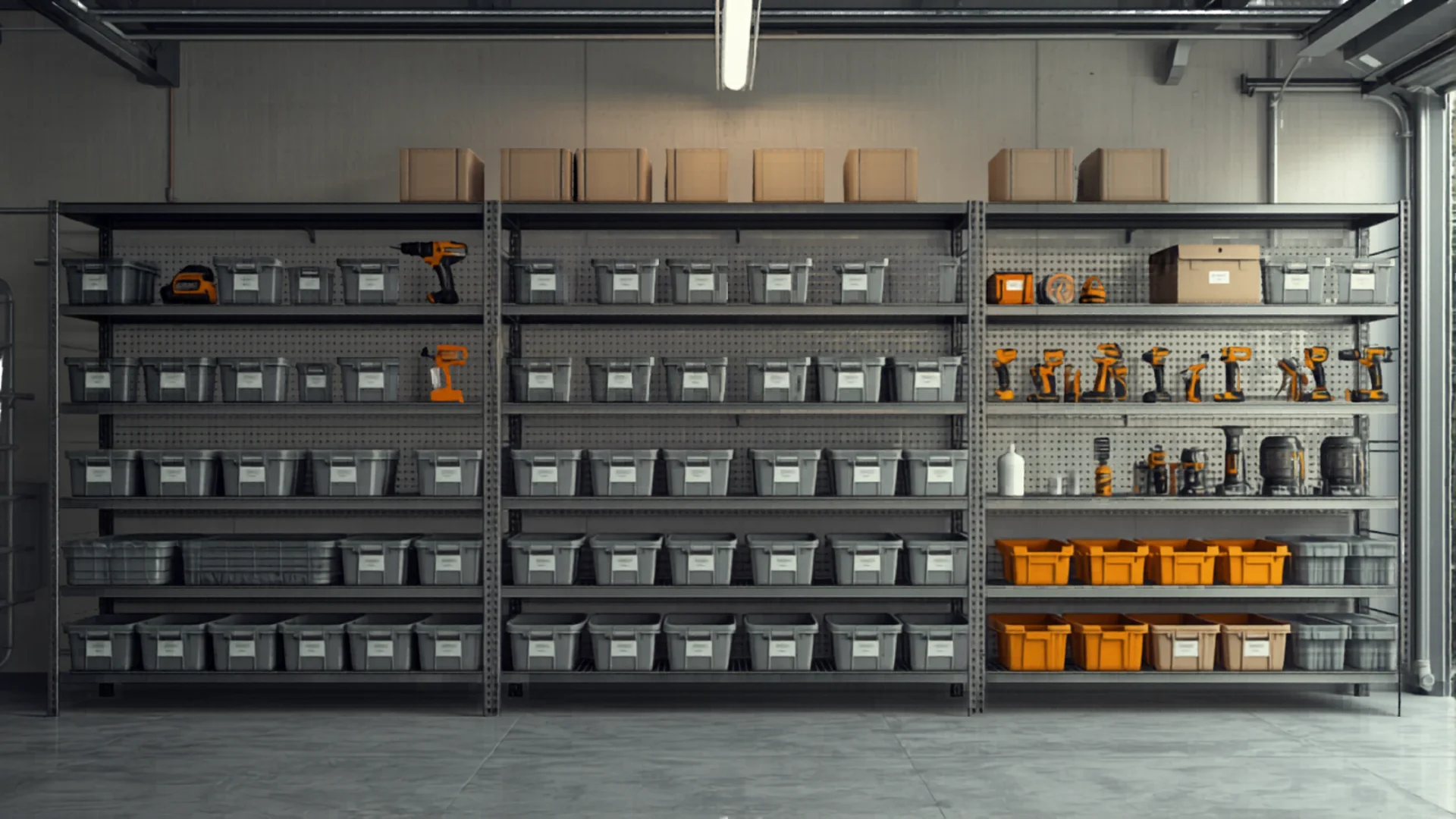 Heavy-duty garage shelving with neatly stored tools and bins