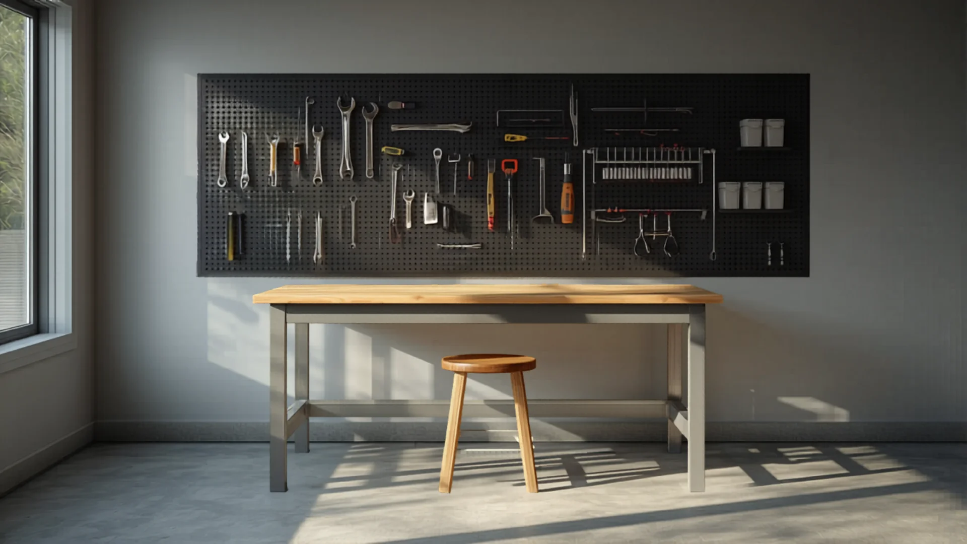 Clean organized garage workshop with tool storage and workbench