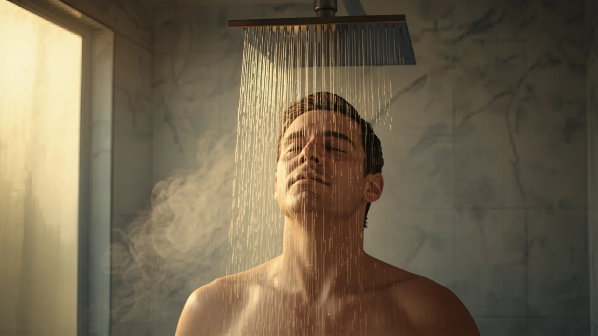Person enjoying hot shower in modern Australian bathroom with rainfall shower head