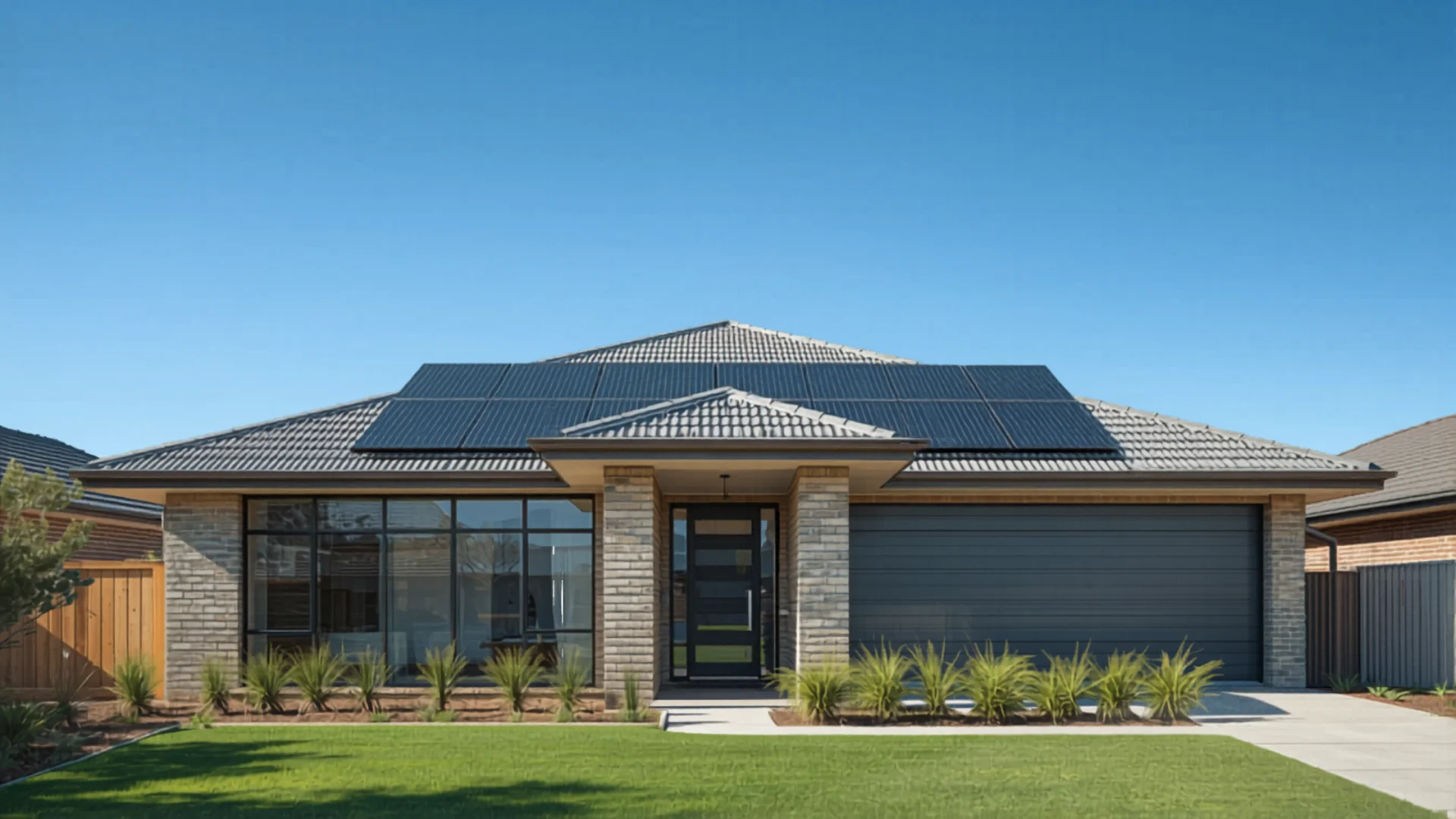 Australian suburban home with solar panels and heat pump hot water system