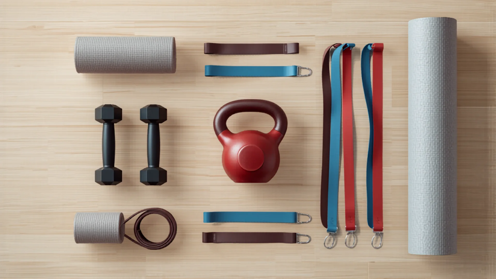 Flat lay of home gym essentials with dumbbells and yoga mat