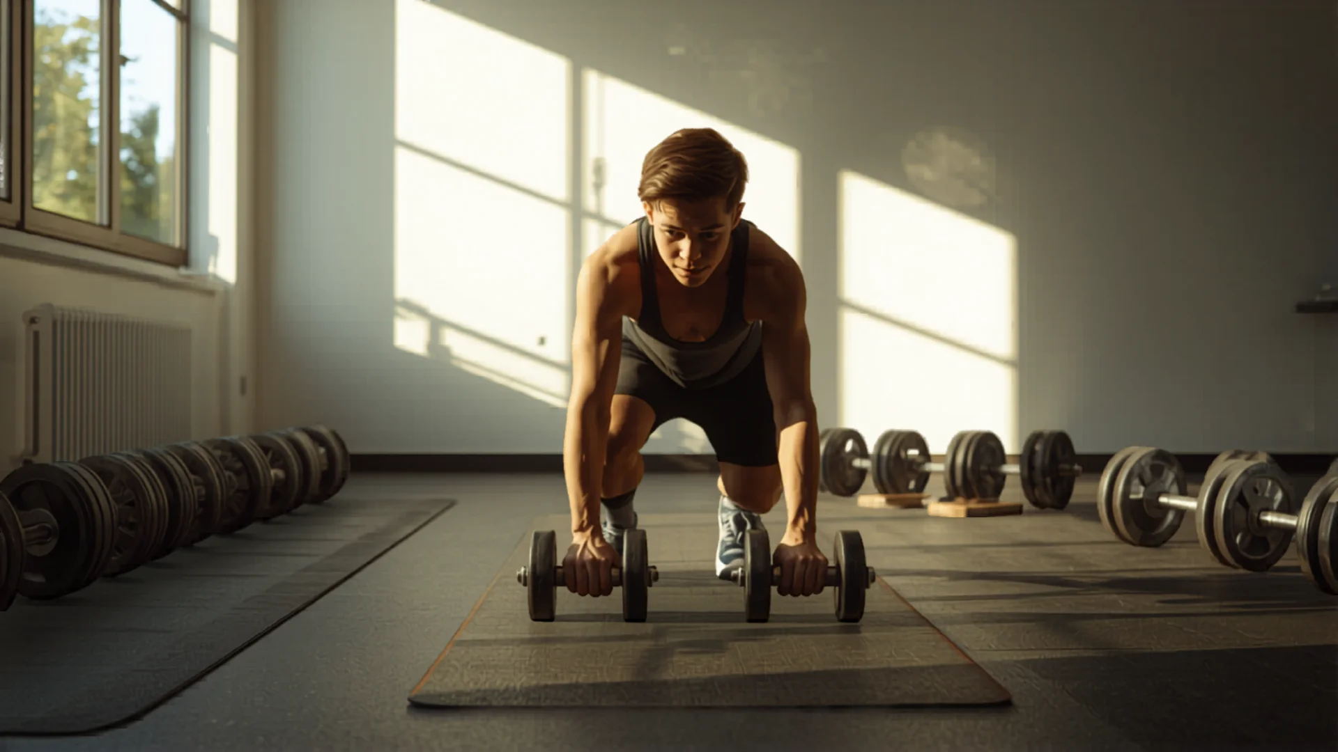 Person doing dumbbell workout in bright modern Australian home gym