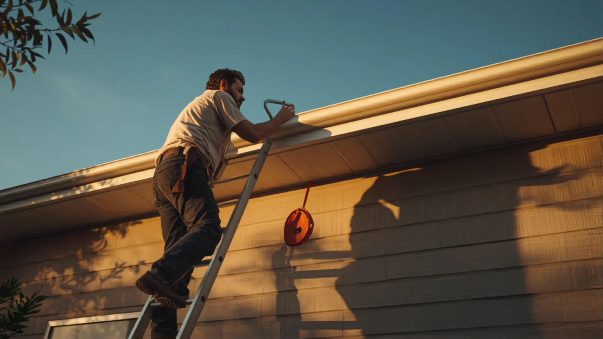 Person cleaning gutters on modern Australian suburban home