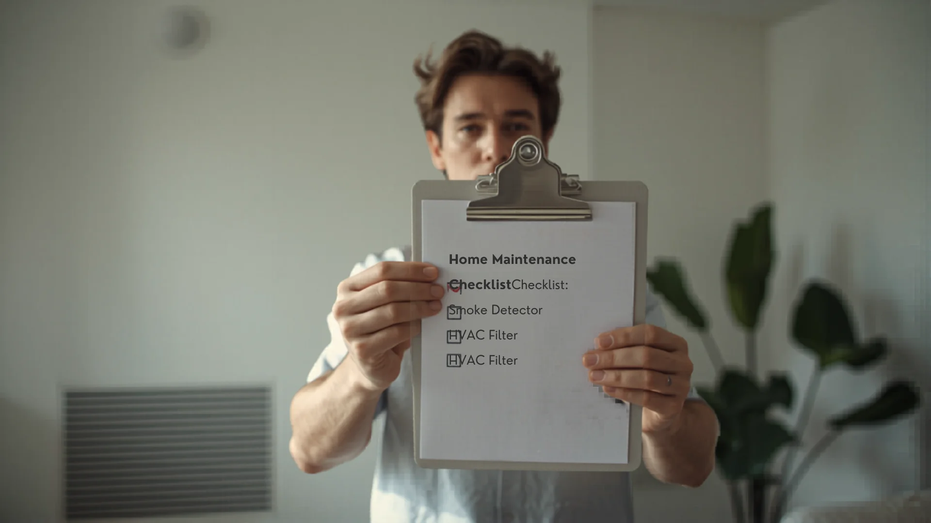 Homeowner inspecting smoke detector with maintenance checklist